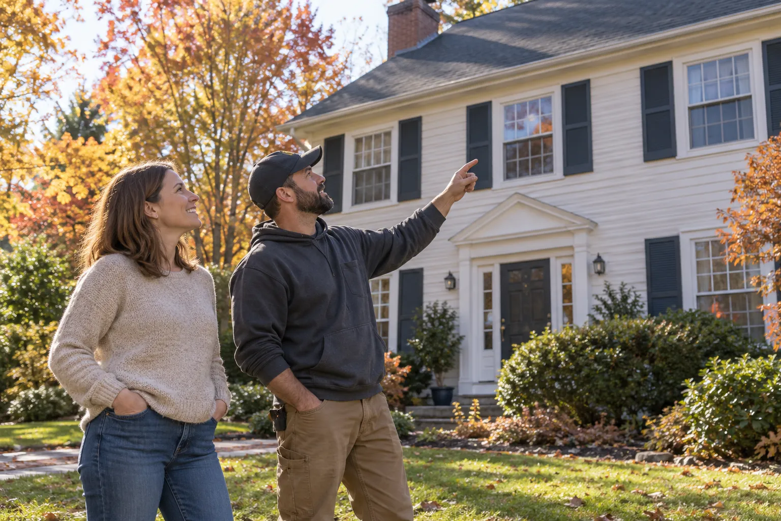 A friendly roofing provider and a homeowner talking beside a colonial home in Eagle Harbor