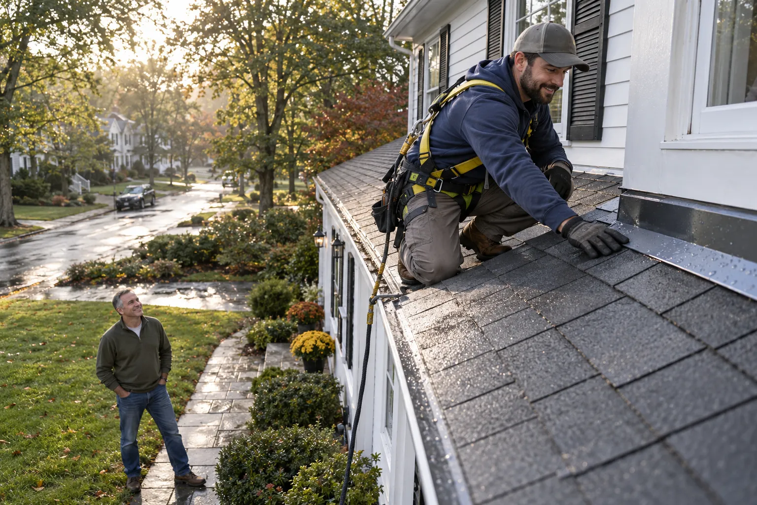 A friendly roofing provider inspecting shingles on a colonial home in Eagle Harbor while the homeowner looks on from below