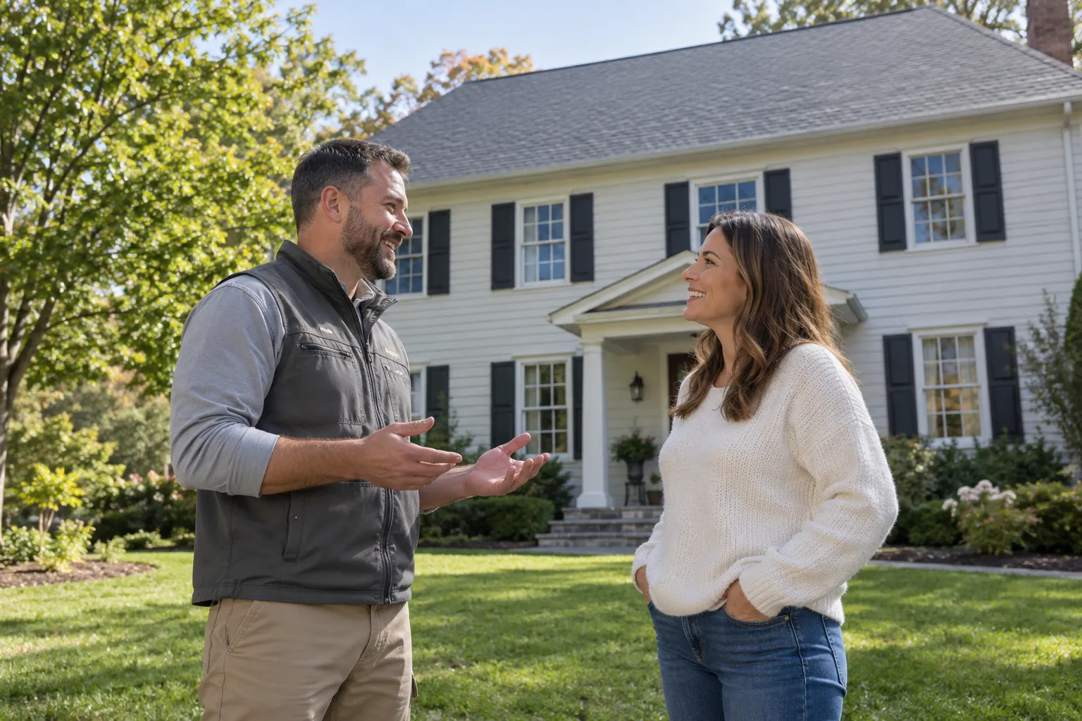 A friendly roofing provider and a homeowner reviewing a new roof together in a Eagle Harbor neighborhood